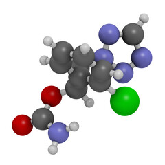 Cenobamate seizures drug molecule. 3D rendering. Atoms are represented as spheres with conventional color coding: hydrogen (white), carbon (grey), nitrogen (blue), oxygen (red), chlorine (green).