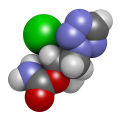 Cenobamate seizures drug molecule. 3D rendering. Atoms are represented as spheres with conventional color coding: hydrogen (white), carbon (grey), nitrogen (blue), oxygen (red), chlorine (green).