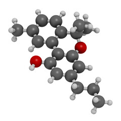 Cannabivarin or cannabivarol cannabinoid molecule. 3D rendering. Atoms are represented as spheres with conventional color coding: hydrogen (white), carbon (grey), oxygen (red).