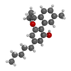 Cannabinol or CBN cannabinoid molecule. 3D rendering. Atoms are represented as spheres with conventional color coding: hydrogen (white), carbon (grey), oxygen (red).