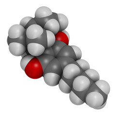 Cannabicyclol or CBL cannabinoid molecule. 3D rendering. Atoms are represented as spheres with conventional color coding: hydrogen (white), carbon (grey), oxygen (red).