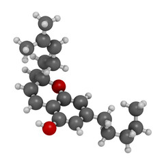 Cannabichromene or CBC cannabinoid molecule. 3D rendering. Atoms are represented as spheres with conventional color coding: hydrogen (white), carbon (grey), oxygen (red).