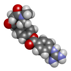 Camostat drug molecule. Serine protease inhibitor, investigated for treatment of Covid-19. 3D rendering. 
