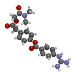 Camostat drug molecule. Serine protease inhibitor, investigated for treatment of Covid-19. 3D rendering. 