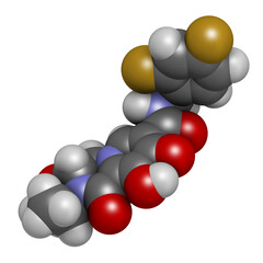 Cabotegravir HIV drug molecule (integrase inhibitor). 3D rendering. Atoms are represented as spheres with conventional color coding.