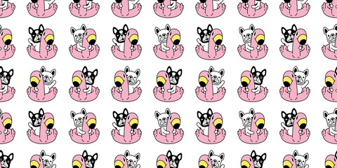 Obraz premium dog seamless pattern french bulldog swimming ring flamingo pool ocean beach puppy pet breed vector repeat wallpaper scarf isolated tile background cartoon doodle animal illustration design
