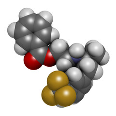 Benfluorex drug molecule (withdrawn). 3D rendering. Atoms are represented as spheres with conventional color coding: hydrogen (white), carbon (grey), oxygen (red), nitrogen (blue), fluorine (gold).