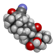 Bardoxolone drug molecule. 3D rendering. Atoms are represented as spheres with conventional color coding: hydrogen (white), carbon (grey), nitrogen (blue), oxygen (red).