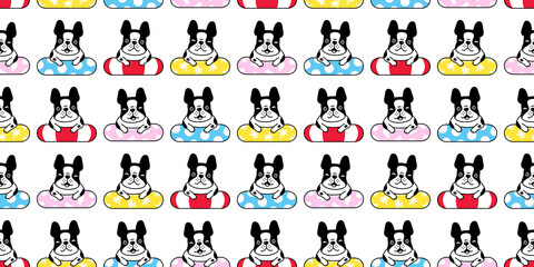 dog seamless pattern french bulldog swimming ring pool ocean beach pet puppy breed vector repeat wallpaper scarf isolated tile background cartoon animal doodle illustration design