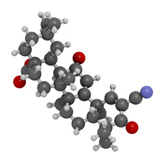 Bardoxolone drug molecule. 3D rendering. Atoms are represented as spheres with conventional color coding: hydrogen (white), carbon (grey), nitrogen (blue), oxygen (red).