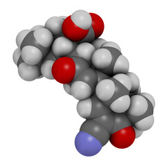 Bardoxolone drug molecule. 3D rendering. Atoms are represented as spheres with conventional color coding: hydrogen (white), carbon (grey), nitrogen (blue), oxygen (red).
