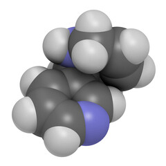 Anatabine alkaloid molecule. 3D rendering. Atoms are represented as spheres with conventional color coding: hydrogen (white), carbon (grey),  nitrogen (blue).