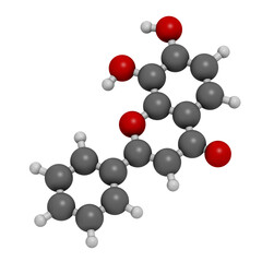 7,8-Dihydroxyflavone or 7,8-DHF molecule. 3D rendering. Atoms are represented as spheres with conventional color coding: hydrogen (white), carbon (grey), oxygen (red).