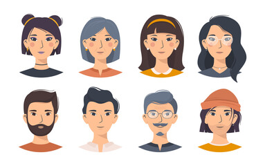 Cartoon flat set of Asian characters, men and women in different looks. Isolated male and female oriental avatars with accessories on a white background. Vector illustration for social networks.