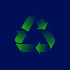 recycling symbol on a blue background / Halftone green recycle symbol  with fading gradient on navy background. Vector illustration  