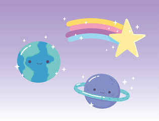 cartoon planets earth saturn and shooting star with rainbow