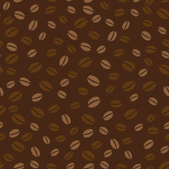 Seamless pattern of coffee beans on a brown background .Vector graphic.