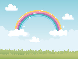 fantasy landscape nature rainbow with clouds cartoon
