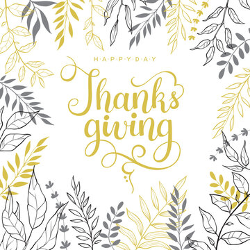 Happy thanksgiving text with hand drawn autumn leaves and branches isolated on white background.