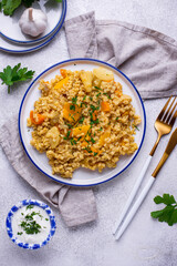 Stewed healthy bulgur with vegetables