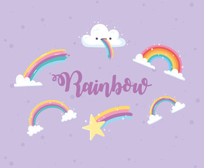 rainbow lettering with clouds shooting star decoration cartoon