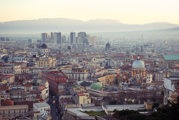 View Of Old Architecture In Naples Center At Sunrise, On Background The Modern Skyscrapers