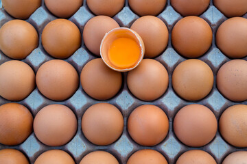 Group of organic free range chicken eggs in the basket at nature village farmland. Fresh eggs for sale at a market. Fresh Chicken Rooster Eggs on at Local Farmer Market.