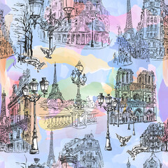 Paris - Watercolor seamless wallpaper. Parisian streets, Notre Dame, cafes and the Seine embankment overlooking the Eiffel Tower