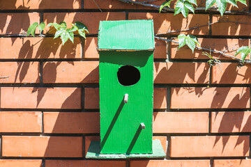 green bird house on brick wall