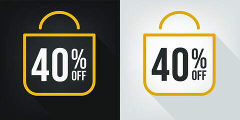 40% off. Black, white and yellow banner with forty percent discount. Shopping bag concept vector.