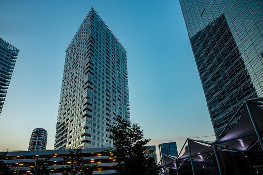evening view of modern part of Slovakia capital city Bratislava, business district