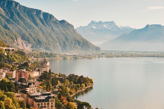 Summer landscape of Montreux city, Switzerland, canton of Vaud, aerial view