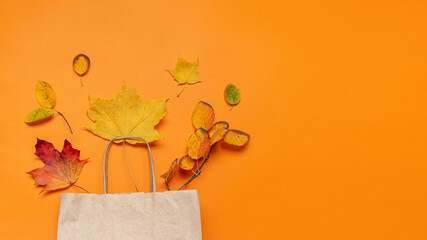 Fall leaves in craft paper bag on orange background. View from above. Concept autumn sale. Banner with copy space.
