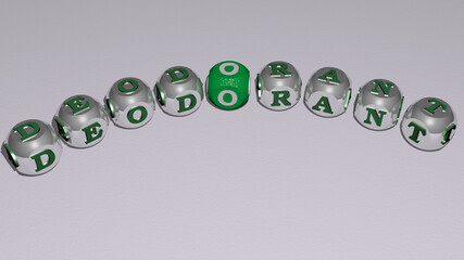 DEODORANT combined by dice letters and color crossing for the related meanings of the concept. illustration and bottle