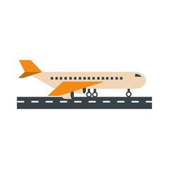 airport aircraft on runway side view, travel transport terminal tourism or business flat style icon