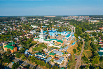 Zadonsk, Russia. Vladimir Cathedral of the Zadonsk Nativity of mother of God monastery, aerial view.