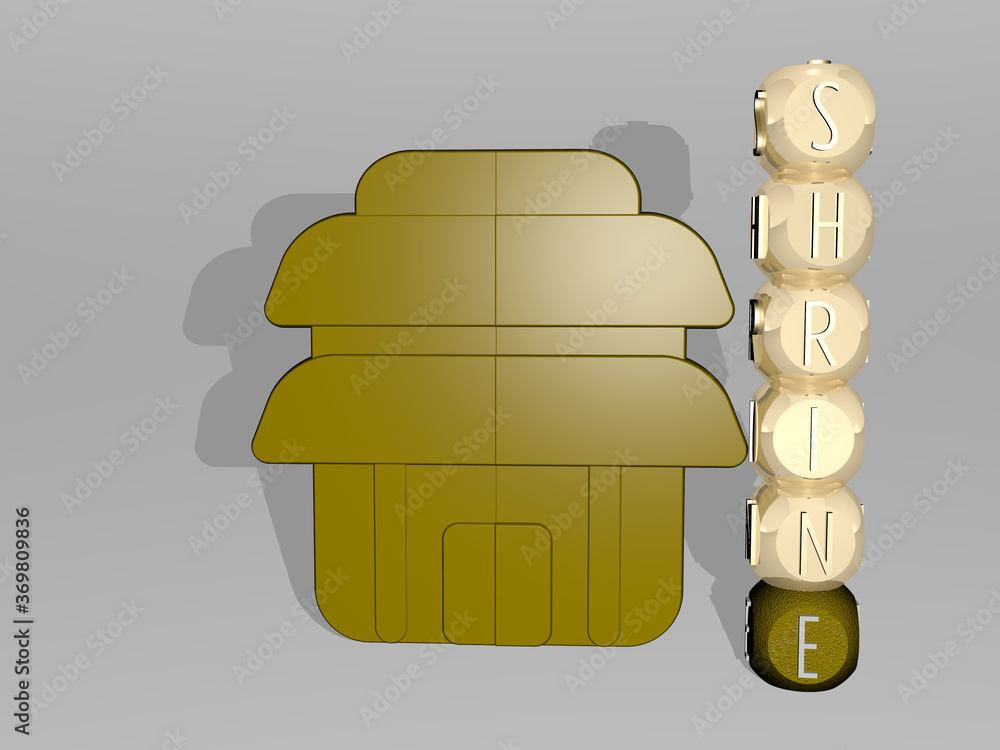 Poster 3d representation of shrine with icon on the wall and text arranged by metallic cubic letters on a m