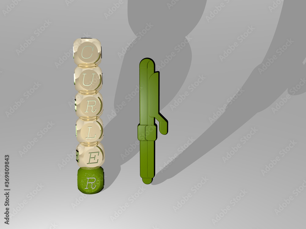 Poster 3d illustration of curler graphics and text around the icon made by metallic dice letters for the re