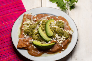 Mexican enfrijoladas with green sauce on white background