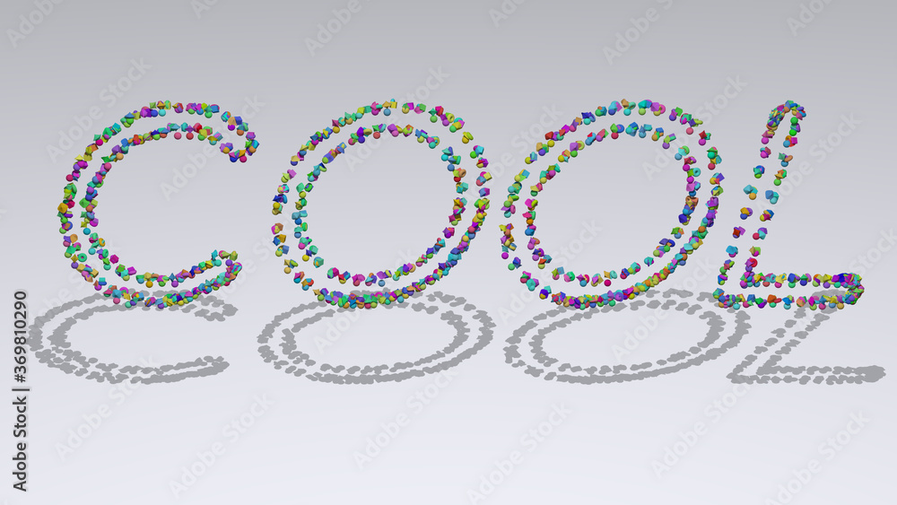 Poster colorful 3d writting of cool text with small objects over a white background and matching shadow. il
