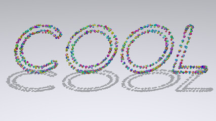 Colorful 3D writting of cool text with small objects over a white background and matching shadow. illustration and abstract