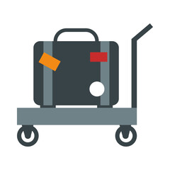 airport suitcase on push cart, travel transport terminal tourism or business flat style icon