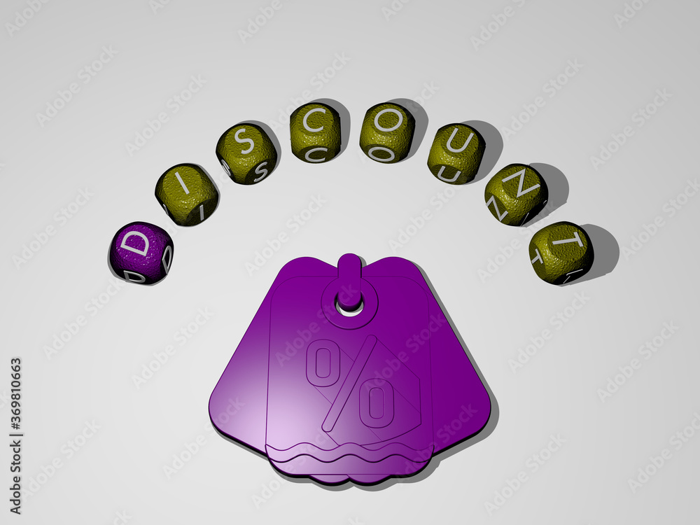 Poster 3d graphical image of discount vertically along with text built around the icon by metallic cubic le