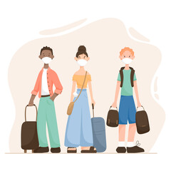 Vector illustration of cartoon modern flat people man and woman travel with suitcases and medical masks on their faces.