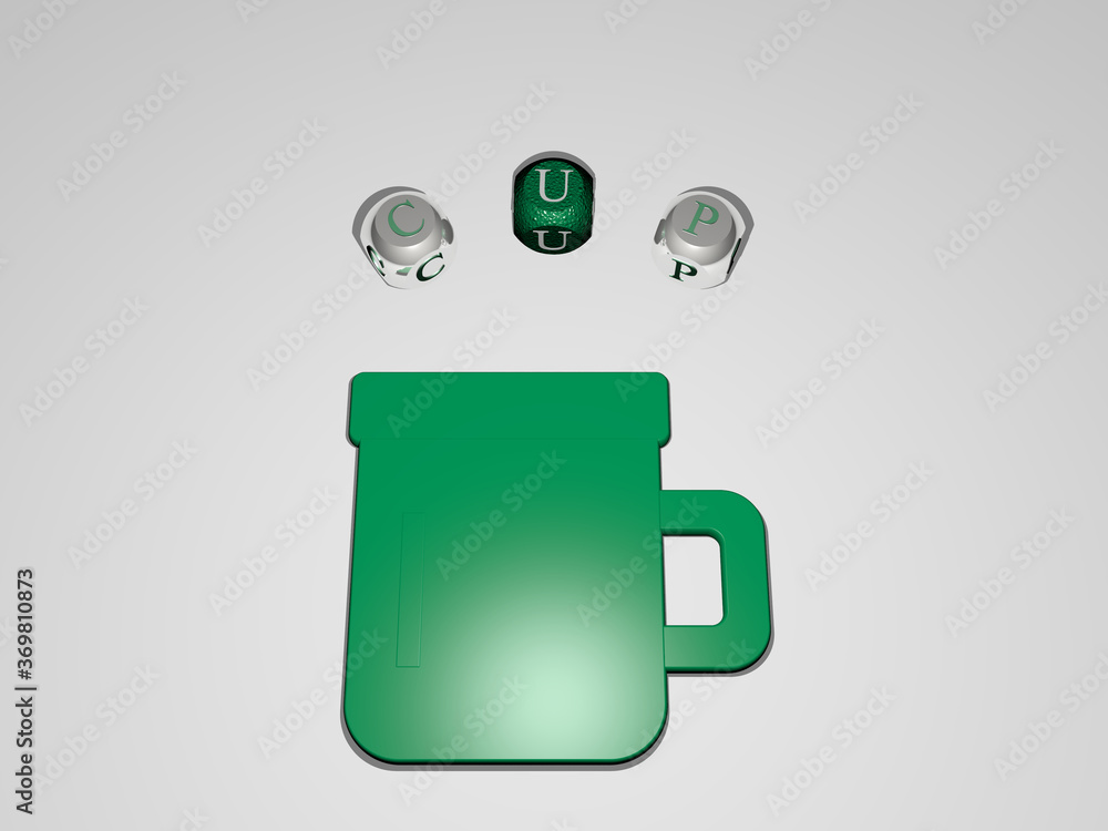 Poster 3d representation of cup with icon on the wall and text arranged by metallic cubic letters on a mirr