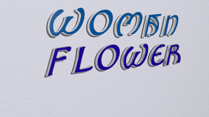 Fototapeta na wymiar 3D graphical image of WOMAN FLOWER vertically along with text built by metallic cubic letters from the top perspective, excellent for the concept presentation and slideshows. beautiful and young