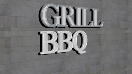 3D graphical image of grill bbq vertically along with text built by metallic cubic letters from the top perspective, excellent for the concept presentation and slideshows. barbecue and background