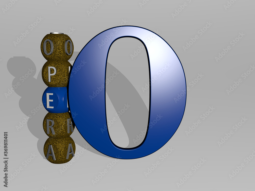 Poster 3d representation of opera with icon on the wall and text arranged by metallic cubic letters on a mi
