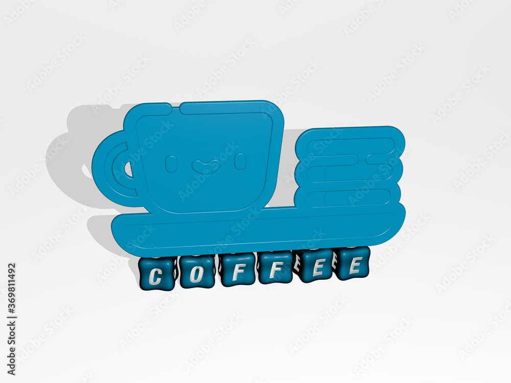 Poster 3d graphical image of coffee vertically along with text built by metallic cubic letters from the top