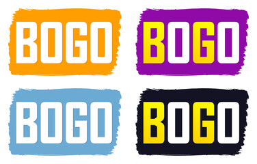 Set BOGO tags, sale banners design template, grunge brush, discount badge collection, vector illustration